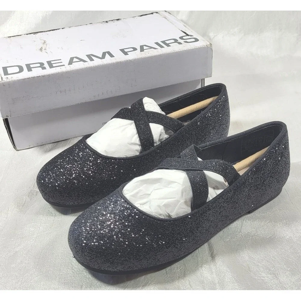 Dream Pairs Girls Ballerina Mary Jane Flat Dress Shoes - Black Sparkle - Sz 12